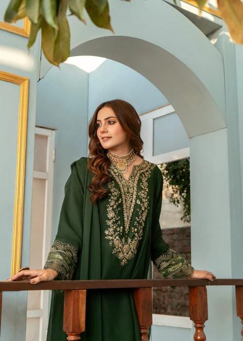 Embroidered Chiffon Short Kurta Suit - Bottle Green