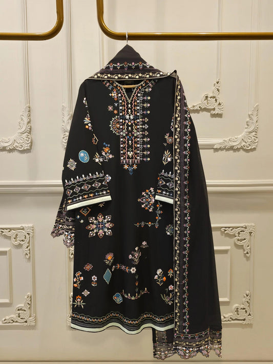 Aghanoor 3 piece - Pure Embroidered Lawn Suit with Applique Work  -  Raw Silk Pants