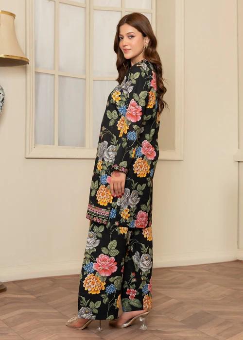 Printed Linen Farshi Shalwar Suit - Black Floral