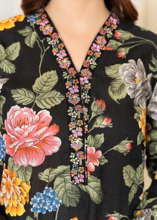 Printed Linen Farshi Shalwar Suit - Black Floral