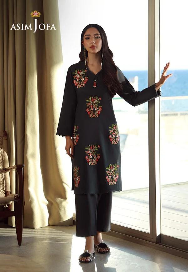 Asim Jofa Designer 2 Piece Embroidered Cotton Suit - Black