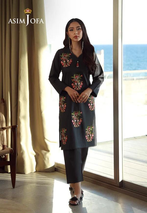 Asim Jofa Designer 2 Piece Embroidered Cotton Suit - Black
