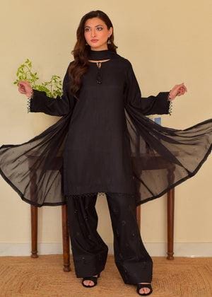 Embroidered Raw Silk Farshi Shalwar with Chiffon Dupatta - Black
