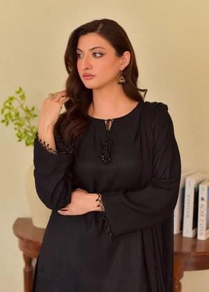 Embroidered Raw Silk Farshi Shalwar with Chiffon Dupatta - Black