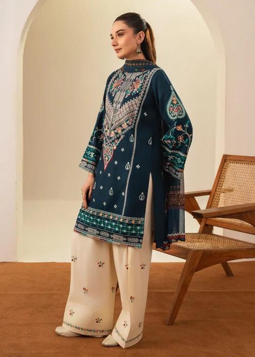 3 Piece Embroidered Linen Farshi Shalwar Suit - Teal Blue