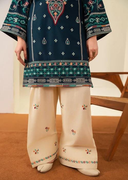 3 Piece Embroidered Linen Farshi Shalwar Suit - Teal Blue