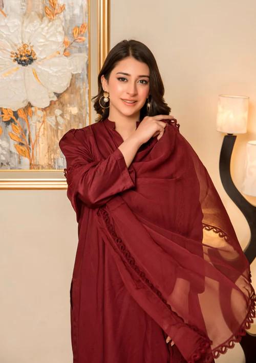 3 Piece Raw Silk Farshi Shalwar Suit - Maroon