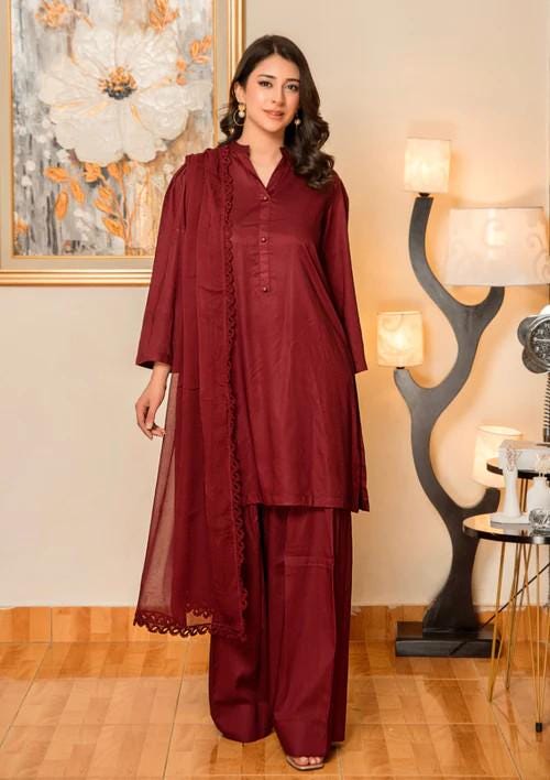 3 Piece Raw Silk Farshi Shalwar Suit - Maroon