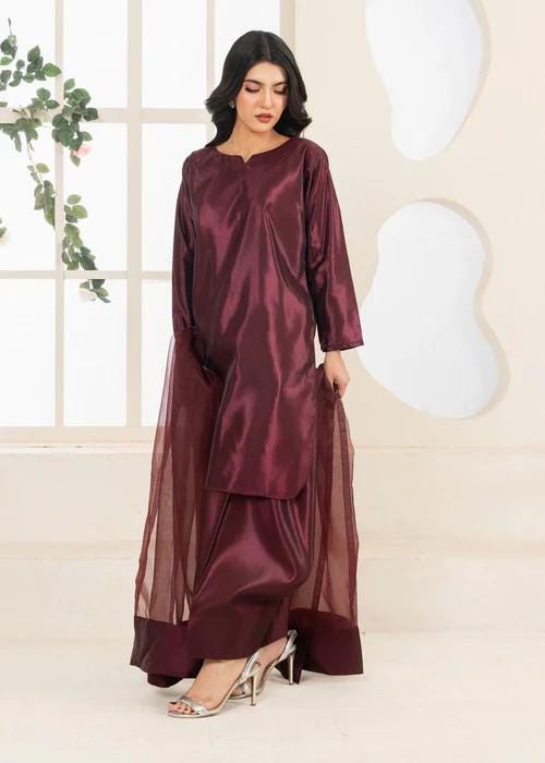 Kattan Silk Farshi Shalwar Suit - Wine Color - 3 Piece