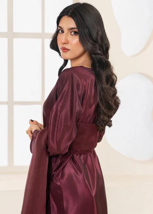 Kattan Silk Farshi Shalwar Suit - Wine Color - 3 Piece