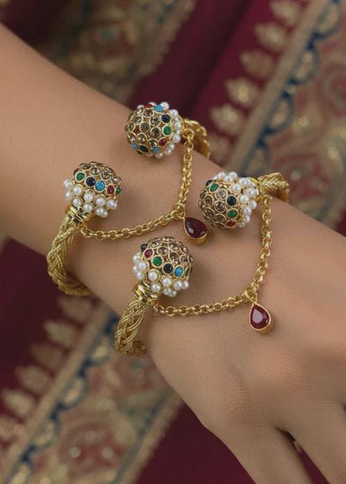 Adjustable Gold Plated Pair of Bracelets in Multi stones (Kada Pair Gutt)