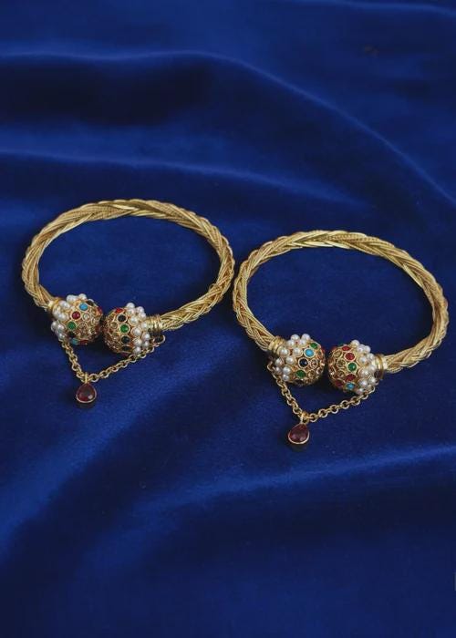 Adjustable Gold Plated Pair of Bracelets in Multi stones (Kada Pair Gutt)