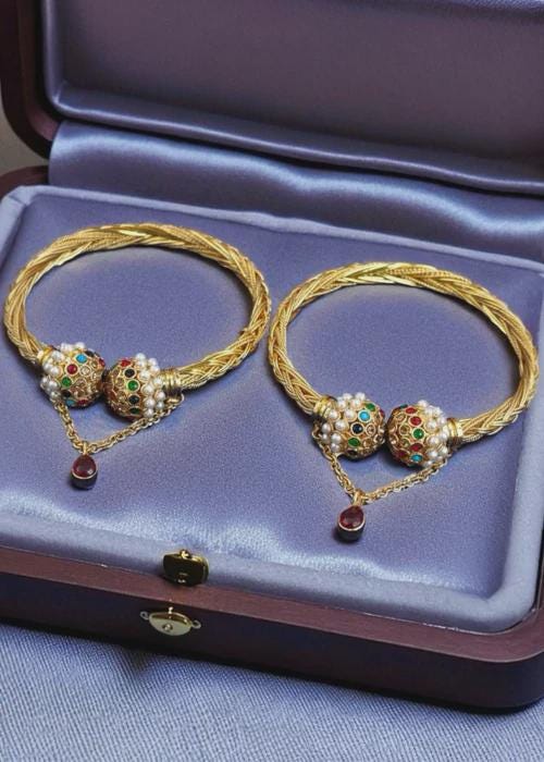 Adjustable Gold Plated Pair of Bracelets in Multi stones (Kada Pair Gutt)