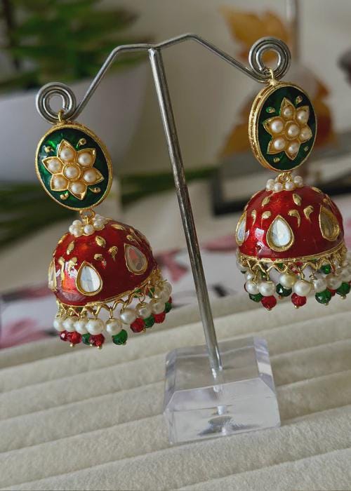 Red and Green Hand Painted Enamel Jhumkas - Meenakari Earrings -