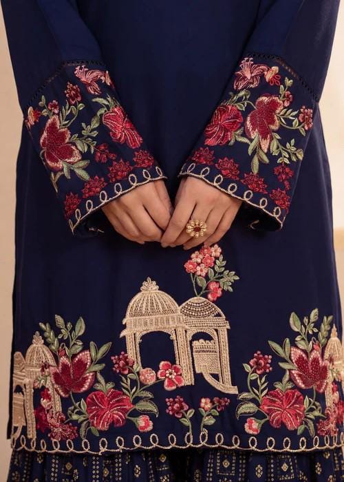 2 Piece Embroidered Linen Gharara Suit - Navy Blue