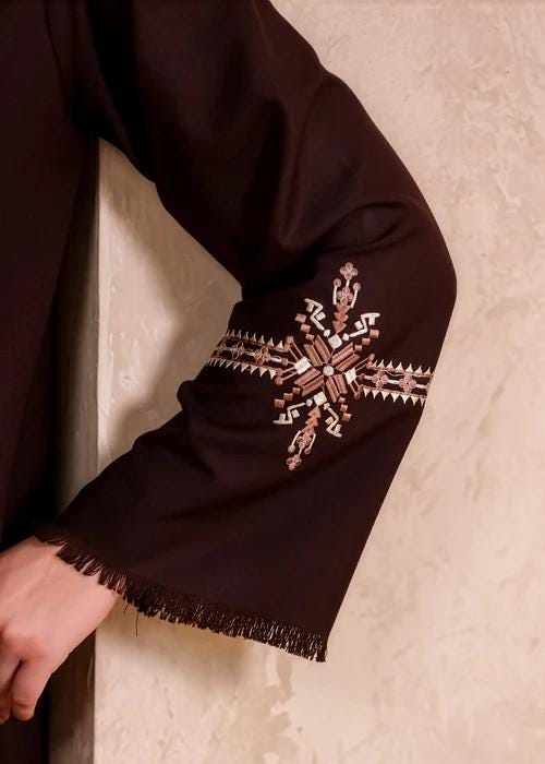 2 Piece Embroidered Linen Suit - Coffee Brown