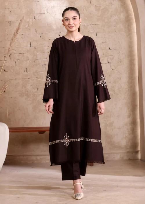 2 Piece Embroidered Linen Suit - Coffee Brown