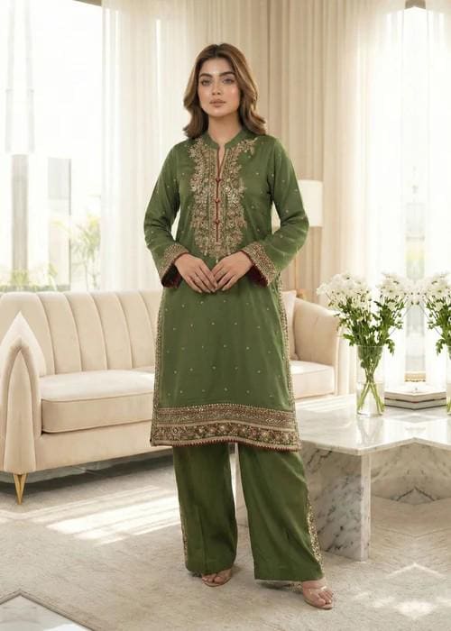 Embroidered Raw Silk Suit - Olive Green - Chiffon Dupatta