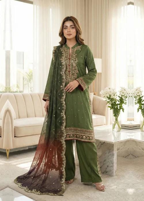 Embroidered Raw Silk Suit - Olive Green - Chiffon Dupatta
