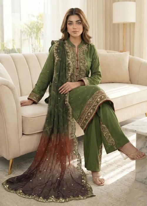 Embroidered Raw Silk Suit - Olive Green - Chiffon Dupatta