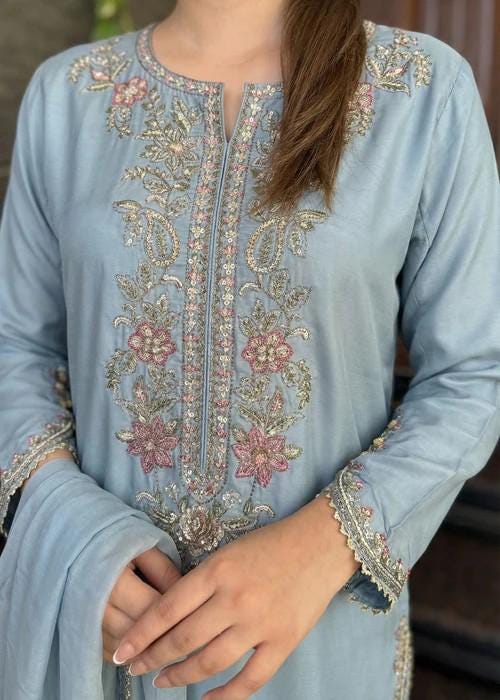 Embroidered Silk Farshi Shalwar Suit with Organza Dupatta - 3 Piece