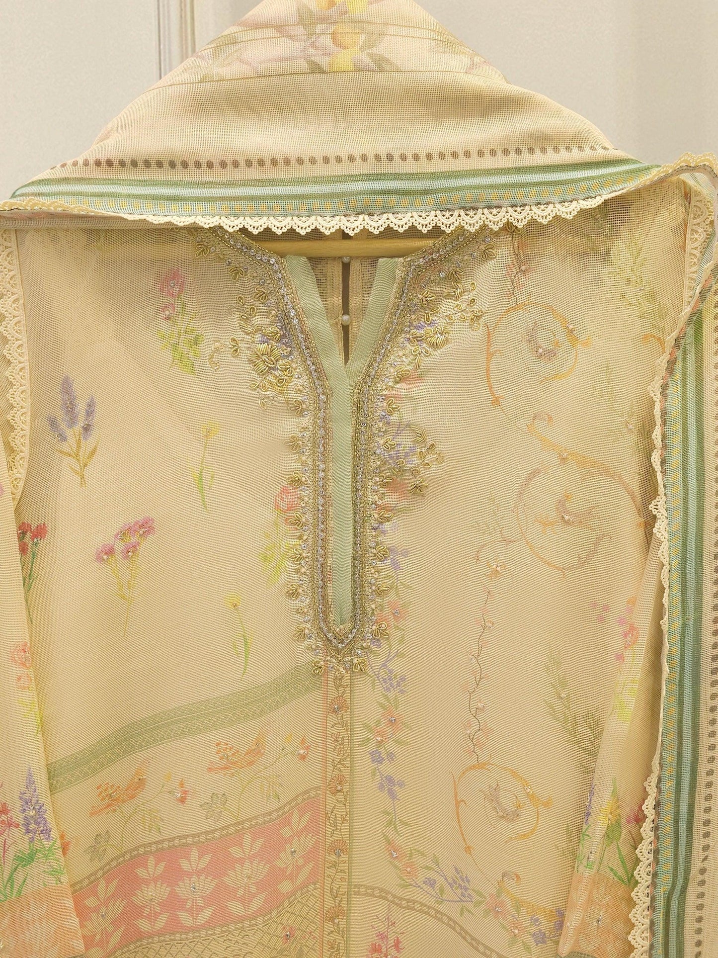 Agha Noor 3 Piece - Pure Embroidered Printed Cotton Net Suit, Raw Silk Pants