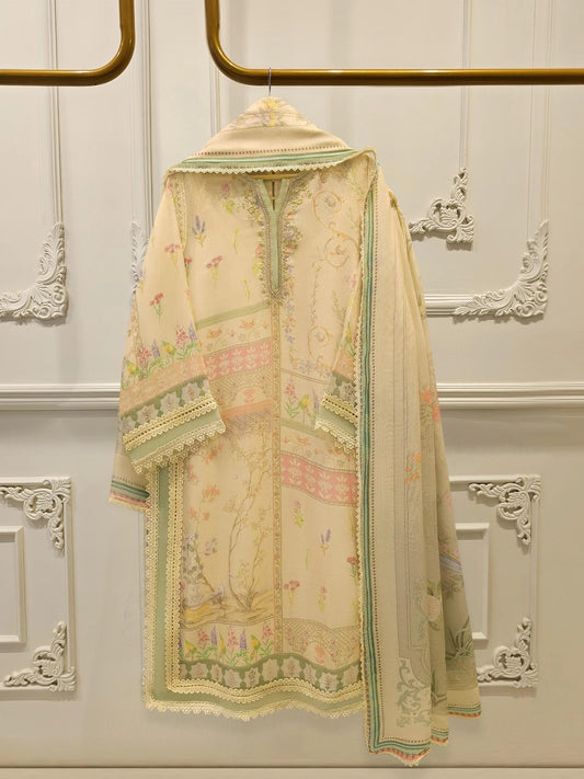 Agha Noor 3 Piece - Pure Embroidered Printed Cotton Net Suit, Raw Silk Pants