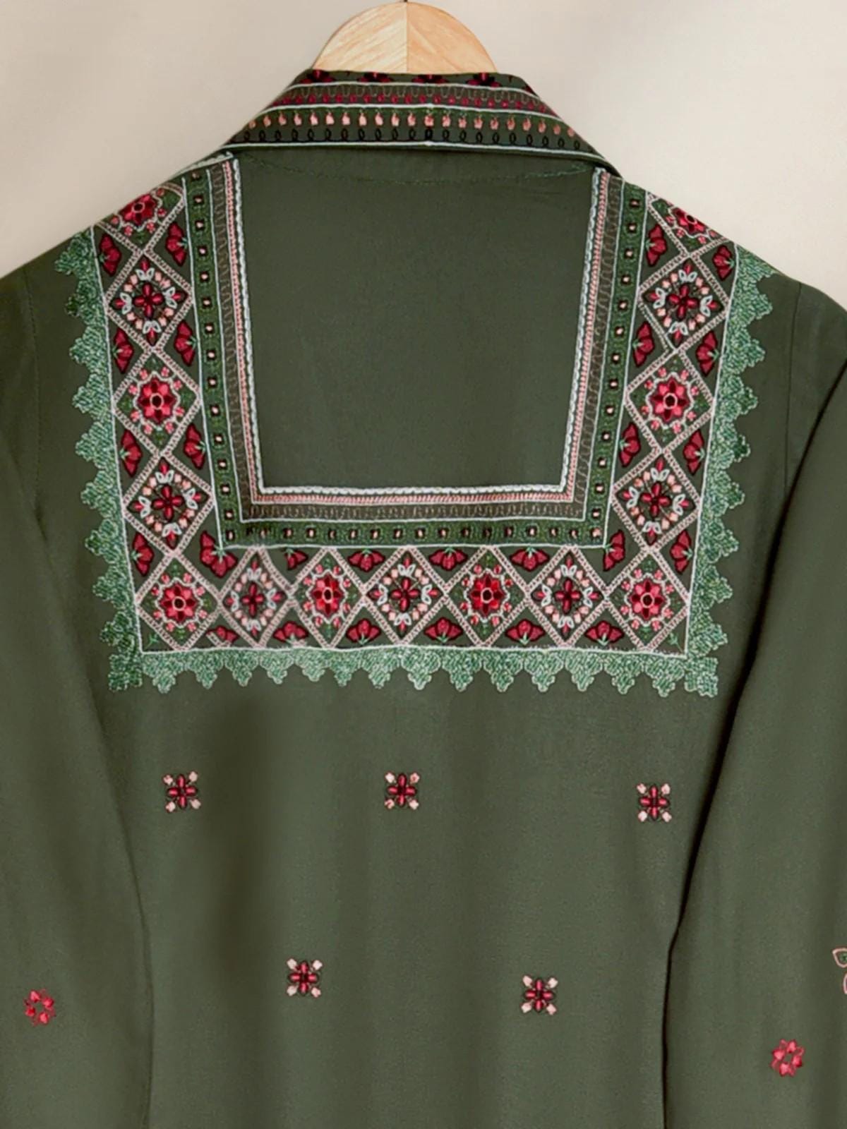 Agha Noor Embroidered Long Shirt / Maxi Dress - Olive Green