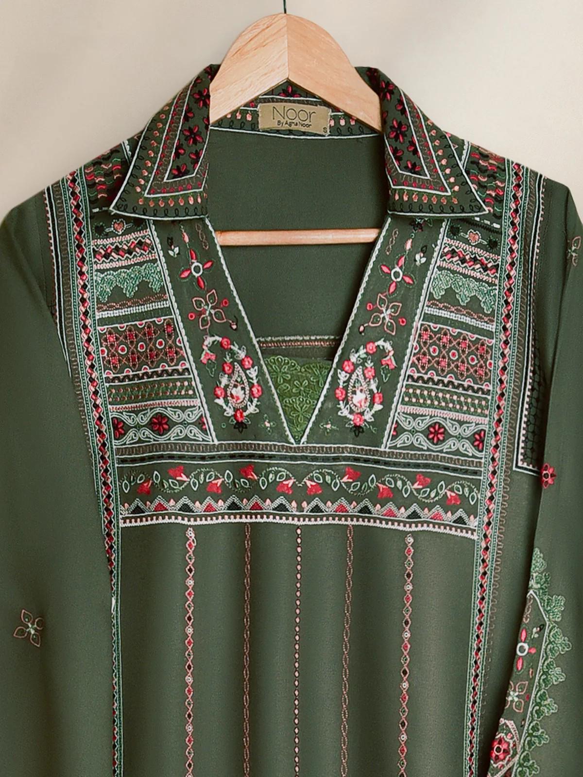 Agha Noor Embroidered Long Shirt / Maxi Dress - Olive Green