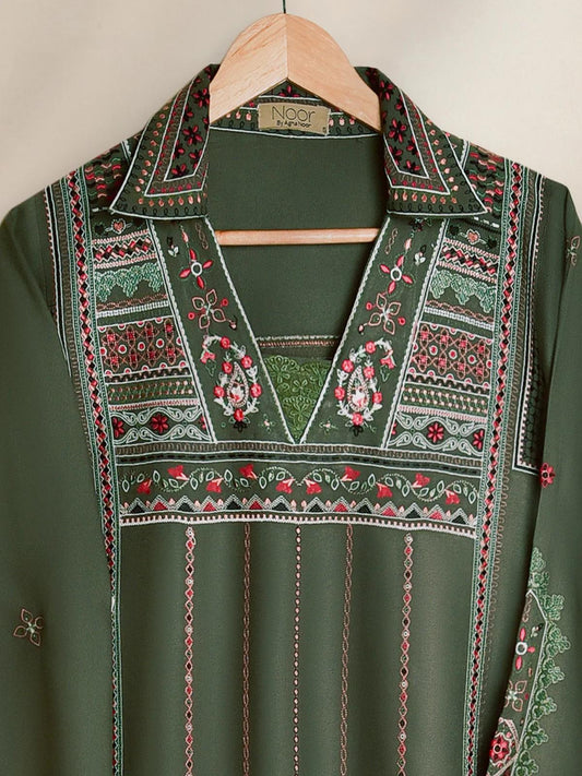 Agha Noor Embroidered Long Shirt / Maxi Dress - Olive Green