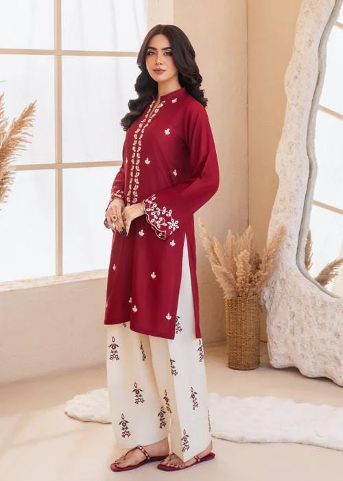 2 Piece Embroidered Linen Short Kurta Farshi Shalwar