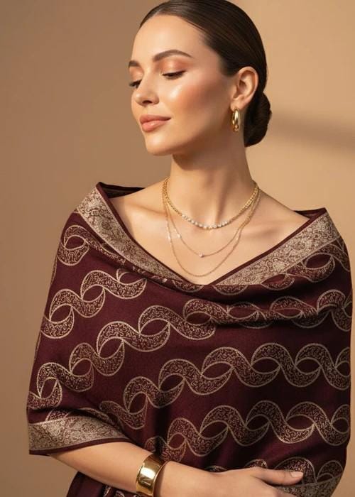 Embroidered Acrylic Woolen Shawl - Maroon Chain Design