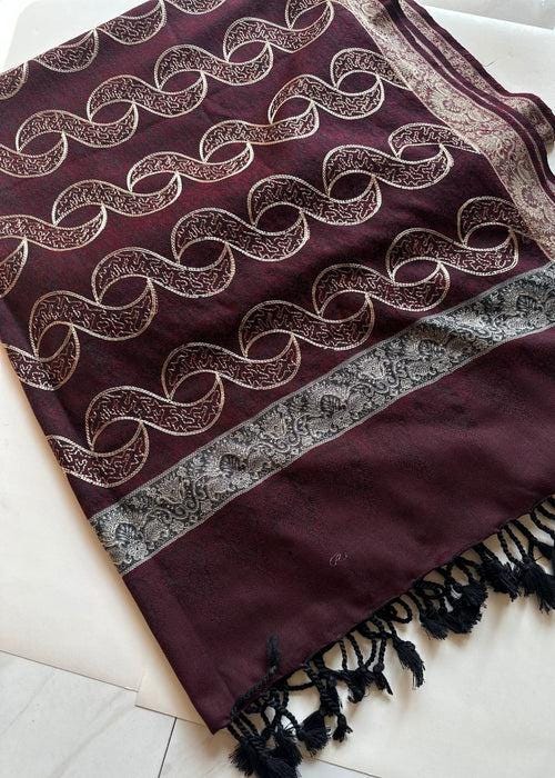 Embroidered Acrylic Woolen Shawl - Maroon Chain Design