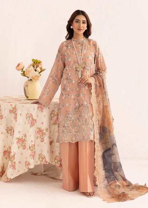 Schiffli Embroidered Lawn Designer Suit with Manaar Dupatta (Size Chart Enclosed)