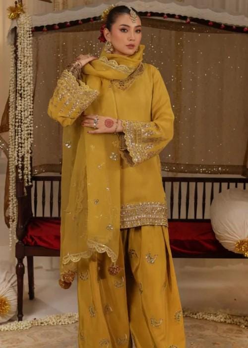 3 Piece Embroidered Raw Silk Farshi Shalwar Suit - Mustard & Gold