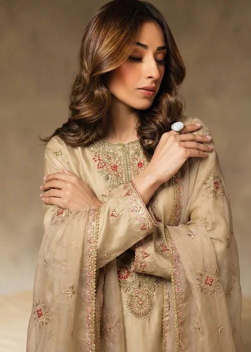 Embroidered Silk Farshi Shalwar Suit with Organza Dupatta - 3 Piece - Tan Brown