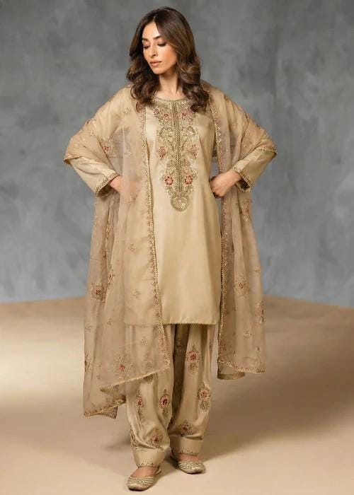 Embroidered Silk Farshi Shalwar Suit with Organza Dupatta - 3 Piece - Tan Brown