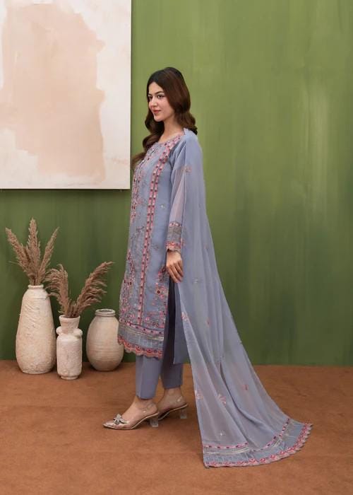 Embroidered Chiffon Designer Suit - 3 Piece - Bluebell