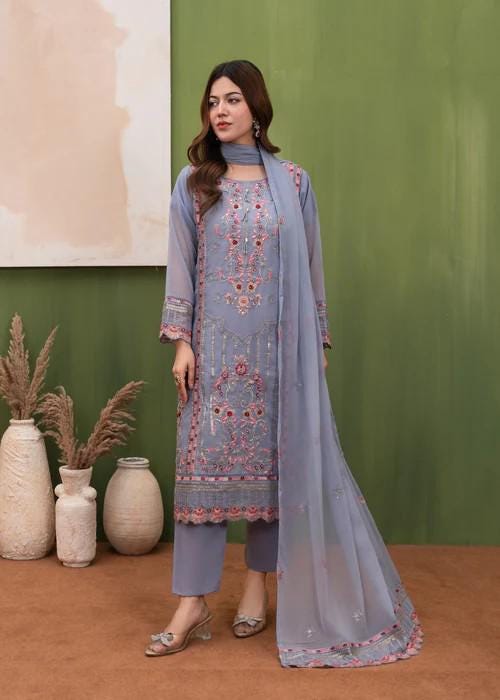 Embroidered Chiffon Designer Suit - 3 Piece - Bluebell