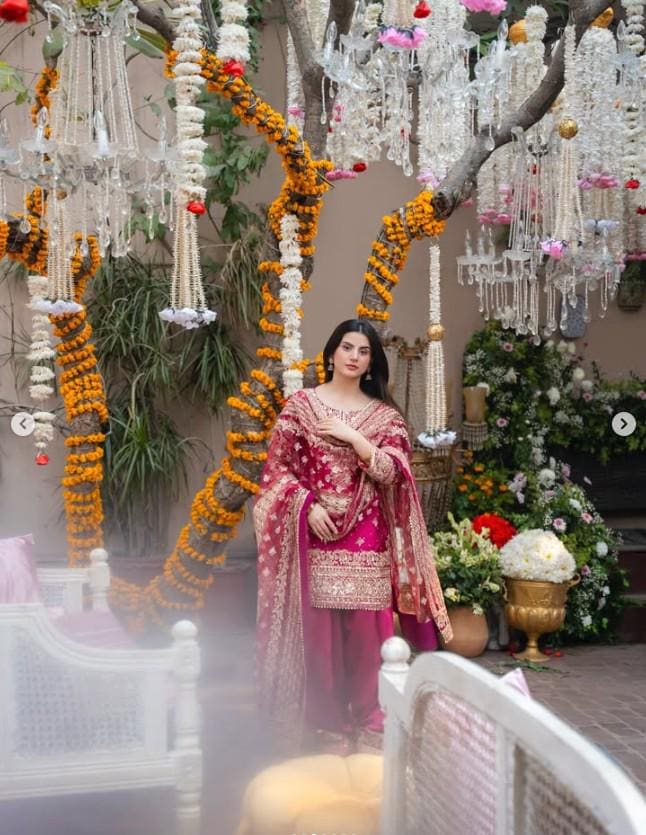 3 Piece Golden Embroidered Charmeuse Silk Suit - Raspberry Pink