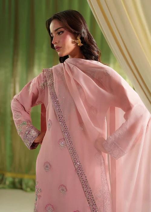 Embroidered Chiffon Kurta Set - 3 Piece - Raw Silk Palazzo