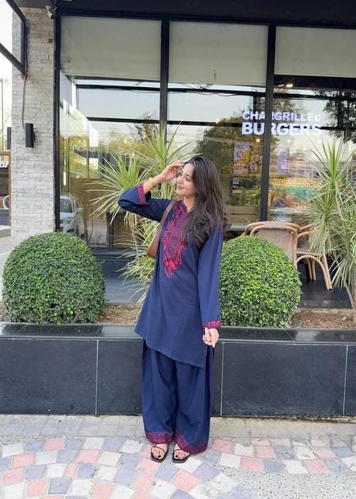 2 piece - Embroidered Linen Farshi Shalwar Suit - Navy Blue