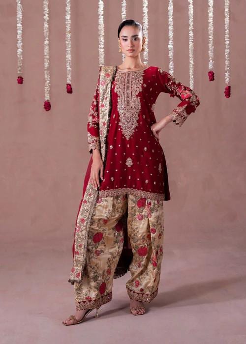 3 Piece Embroidered Charmeuse Silk Suit - Maroon and Gold - Antique Gold Tilla Work
