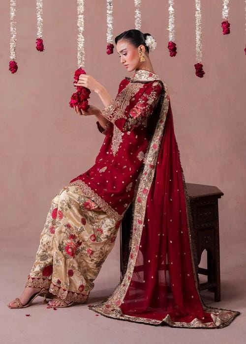 3 Piece Embroidered Charmeuse Silk Suit - Maroon and Gold - Antique Gold Tilla Work