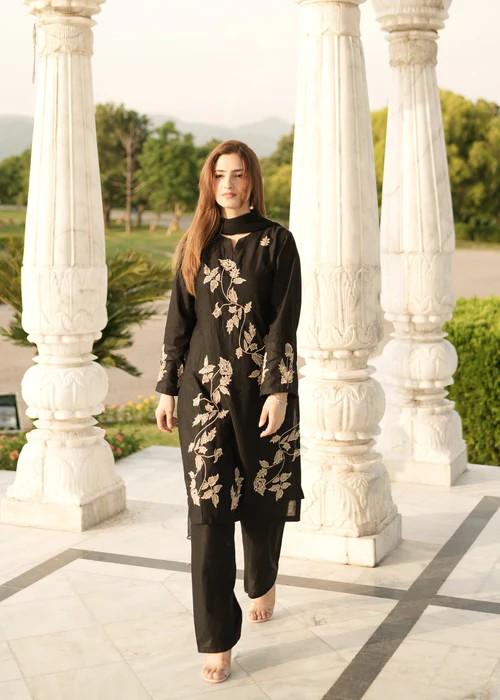 3 piece - Pakistani Designer Embroidered Lawn Suit - Black
