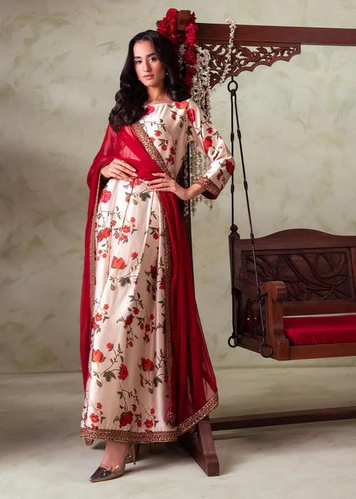 3 Piece Embroidered Charmeuse Silk Maxi Suit