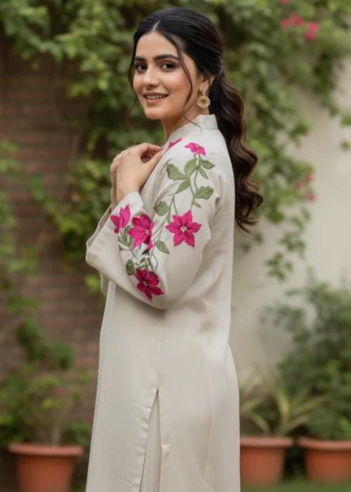 2 Piece Embroidered Linen Suit - Ivory