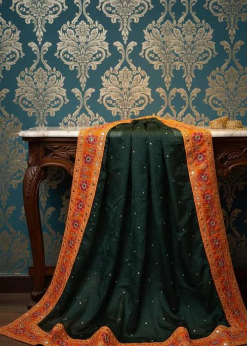 Embroidered Tissue Silk Dupatta with Mirror Work - Bottle Green