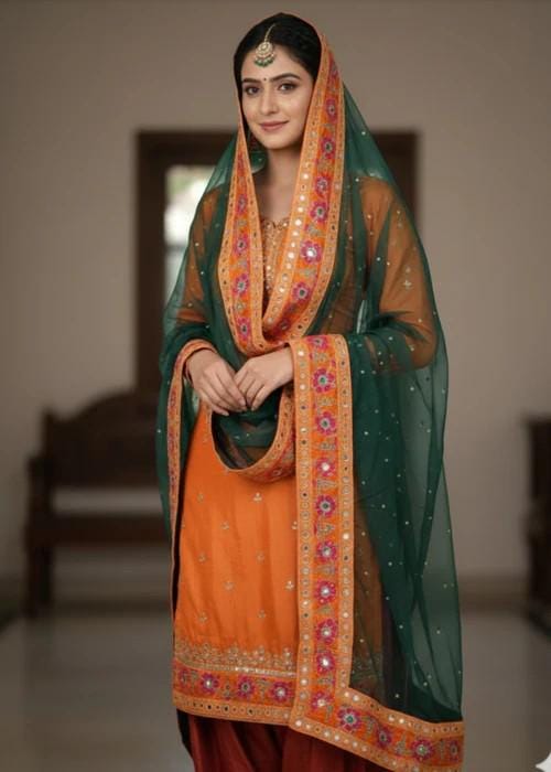 Embroidered Tissue Silk Dupatta with Mirror Work - Bottle Green