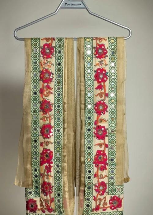 Tissue Silk Embellished Dupatta with Mirror Work - Beige